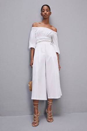 Patrizia Pepe Cropped Over Fit Pants Białe | 9745RUCLF