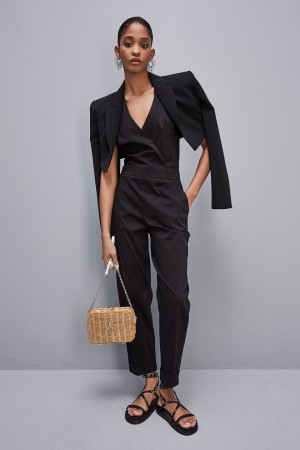 Patrizia Pepe Long Jumpsuit In Stretch Cotton-blend Poplin Czarne | 1296RCWDL