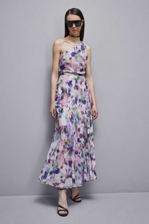Patrizia Pepe One-shoulder Pleated Chiffon Dress Kolorowe | 0587GZWHL